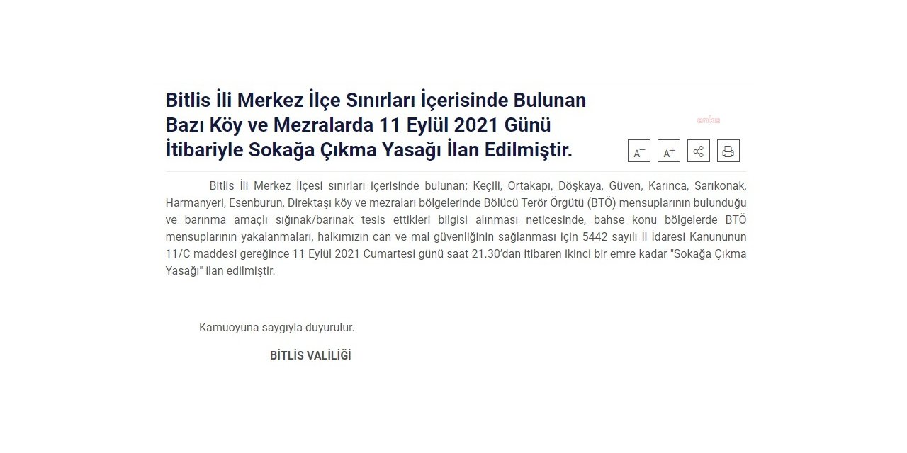 BİTLİS VALİLİĞİ 9 KÖYDE SOKAĞA ÇIKMAYI YASAKLADI