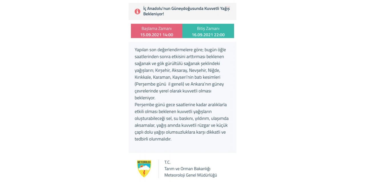 METEOROLOJİ UYARDI: ANKARA VE İÇ ANADOLU’NUN GÜNEYDOĞUSUNDA KUVVETLİ YAĞIŞA DİKKAT