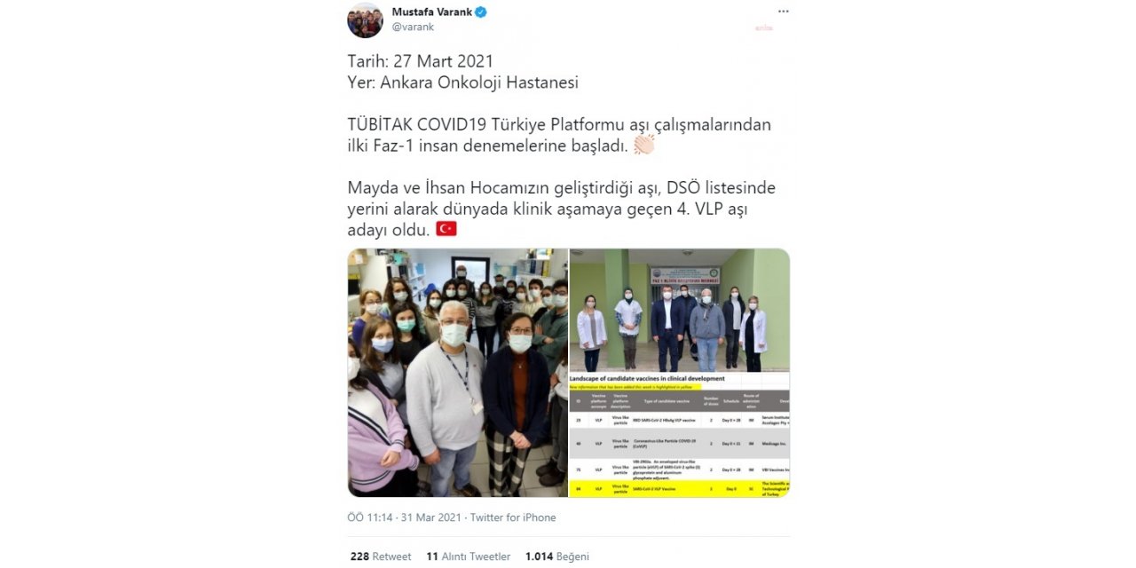 BAKAN VARANK: YERLİ AŞI, DÜNYADA KLİNİK AŞAMAYA GEÇEN 4. VLP AŞI ADAYI OLDU