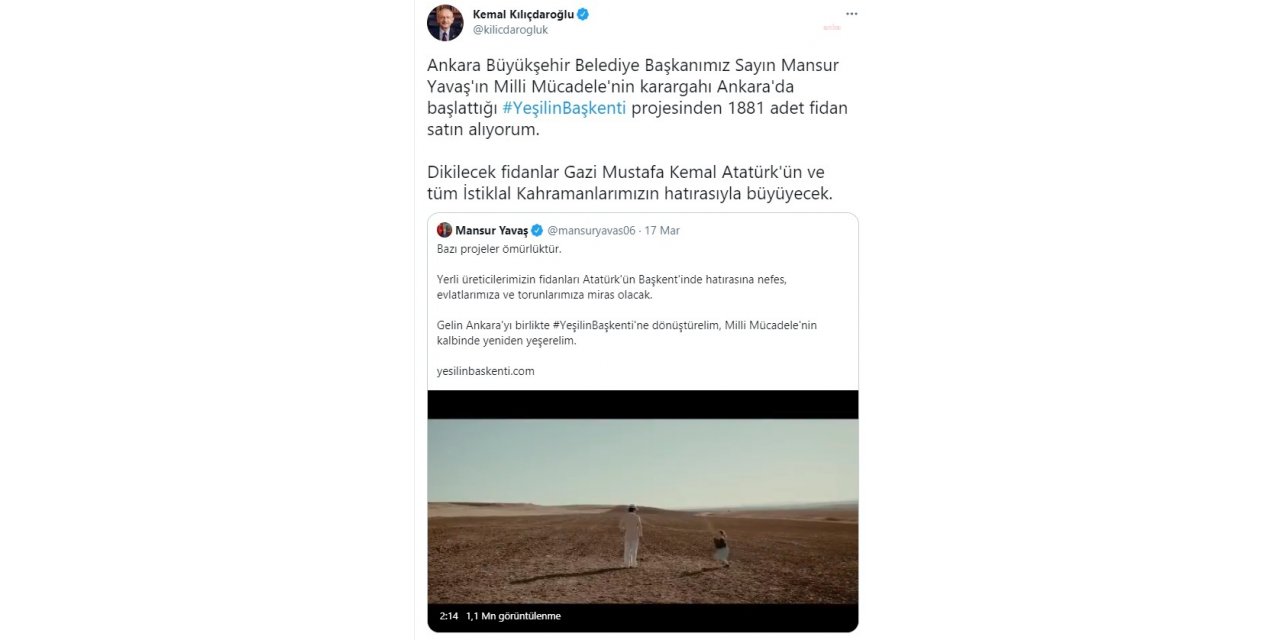 KILIÇDAROĞLU, MANSUR YAVAŞ'IN BAŞLATTIĞI "YEŞİLİN BAŞKENTİ" PROJESİNDEN 1881 ADET FİDAN ALDI