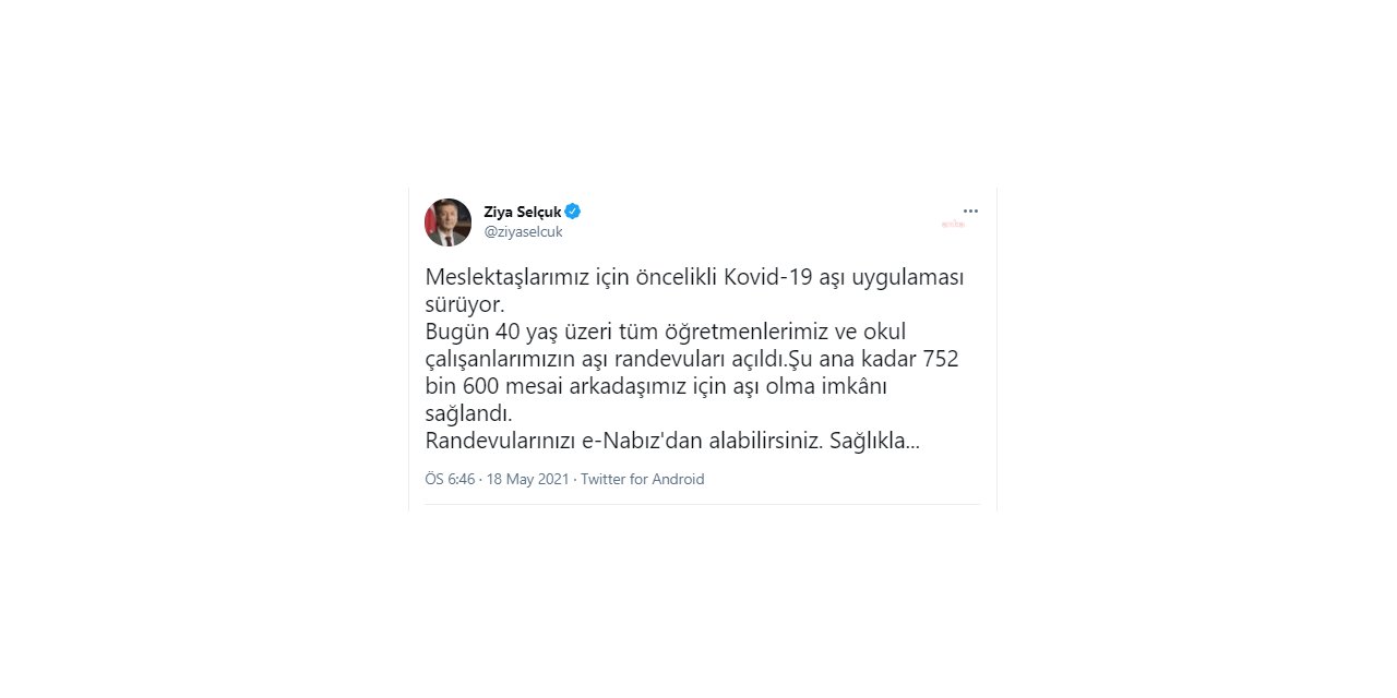 BAKAN SELÇUK: "40 YAŞÜZERİ TÜM ÖĞRETMENLERİMİZ VE OKUL ÇALIŞANLARIMIZIN AŞI RANDEVULARI AÇILDI"
