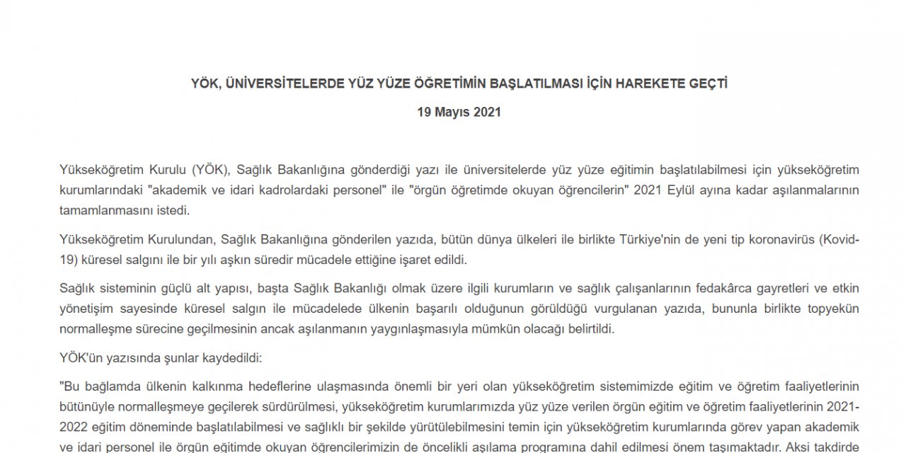 YÖK, ÜNİVERSİTELERDE YÜZ YÜZE EĞİTİM İÇİN ÖĞRENCİLERİN BU YAZ AŞILANMASINI İSTEDİ