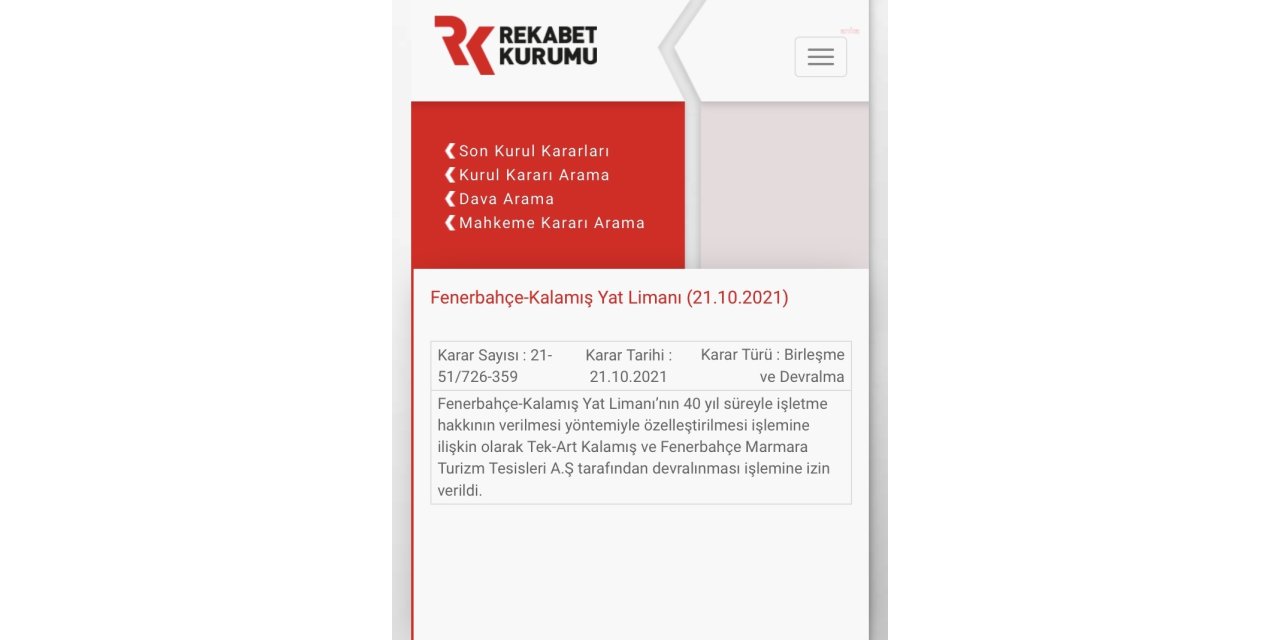 KALAMIŞ YAT LİMANI'NIN KOÇ HOLDİNG'E DEVRİNE ONAY VERİLDİ