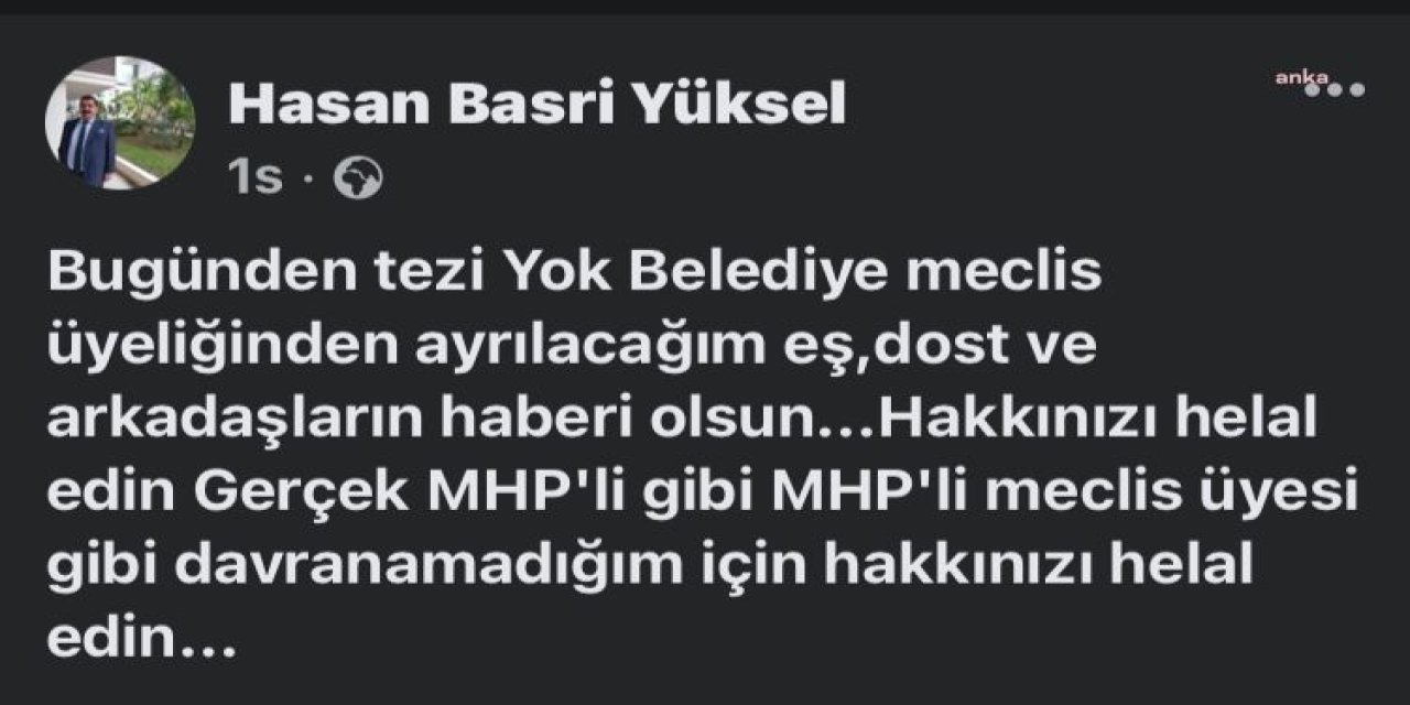 YEŞİLYURT BELEDİYESİ’NDE GÖREVİ BIRAKACAĞINI AÇIKLAYAN MHP'Lİ MECLİS ÜYESİ: “AKP NE YAPARSA YAPSIN SESİMİZİ ÇIKARTMAYACAK MIYIZ?”