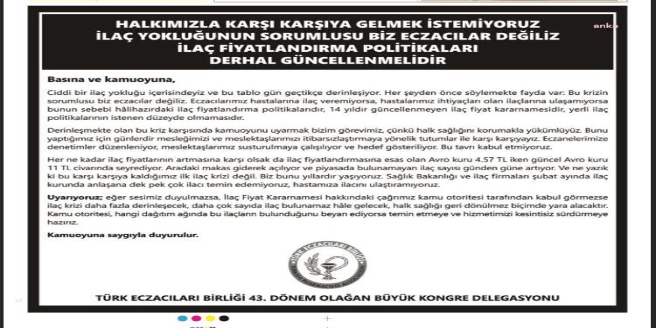 TEB'DEN GAZETE İLANI: "İLAÇ YOKLUĞUNUN SORUMLUSU BİZ DEĞİLİZ, HALKIMIZLA KARŞI KARŞIYA GELMEK İSTEMİYORUZ"