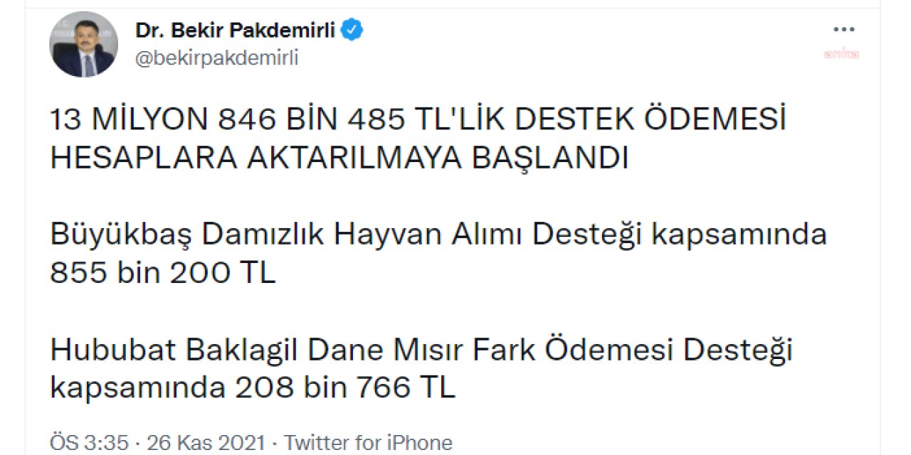 BAKAN PAKDEMİRLİ, ÜRÜN FARK ÖDEMELERİNİN ÇİFTÇİLERİN HESAPLARINA AKTARILDIĞINI AÇIKLADI