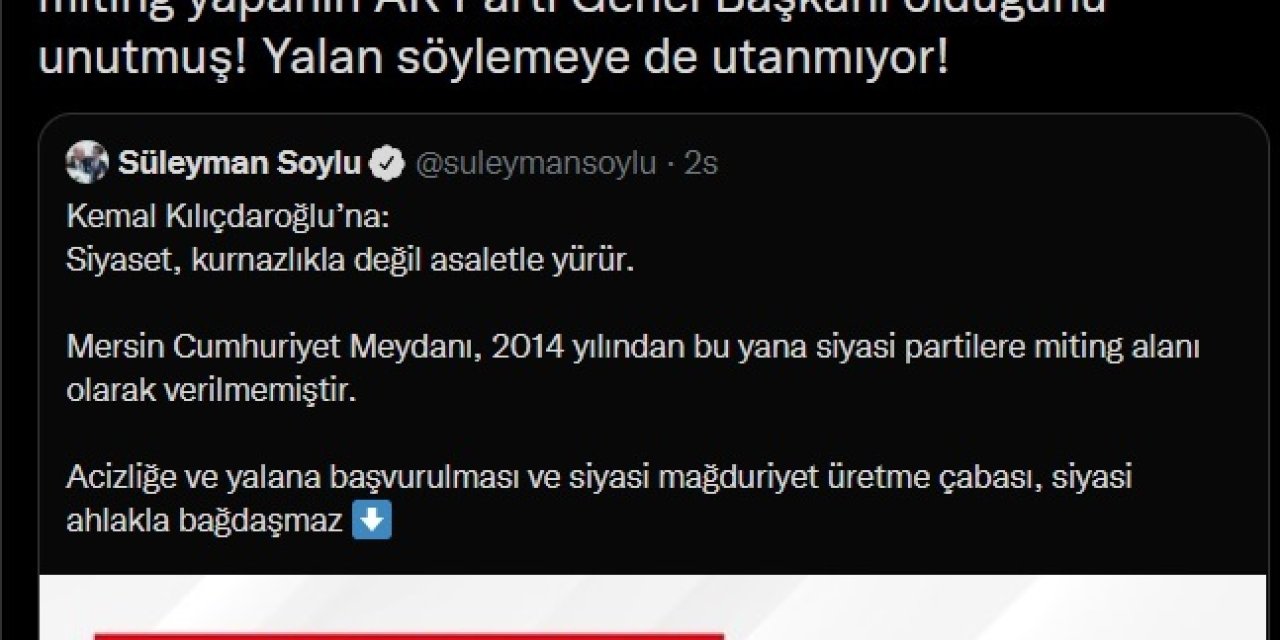 CHP’DEN, BAKAN SOYLU’NUN “MERSİN MİTİNGİ” TWEET’İNE SERT TEPKİ: "YALAN SÖYLEMEYE DE UTANMIYOR"