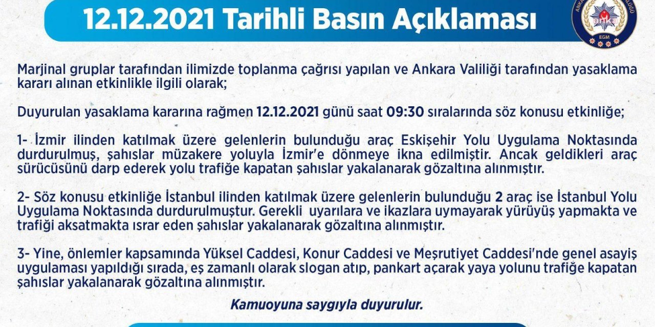 ANKARA EMNİYETİ’NDEN GÖZALTINA ALINAN ÖĞRENCİLERLE İLGİLİ AÇIKLAMA