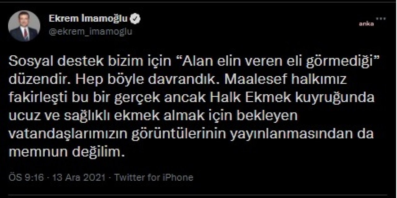 İMAMOĞLU: “EKMEK ALMAK İÇİN BEKLEYEN VATANDAŞLARIMIZIN GÖRÜNTÜLERİNİN YAYINLANMASINDAN MEMNUN DEĞİLİM”