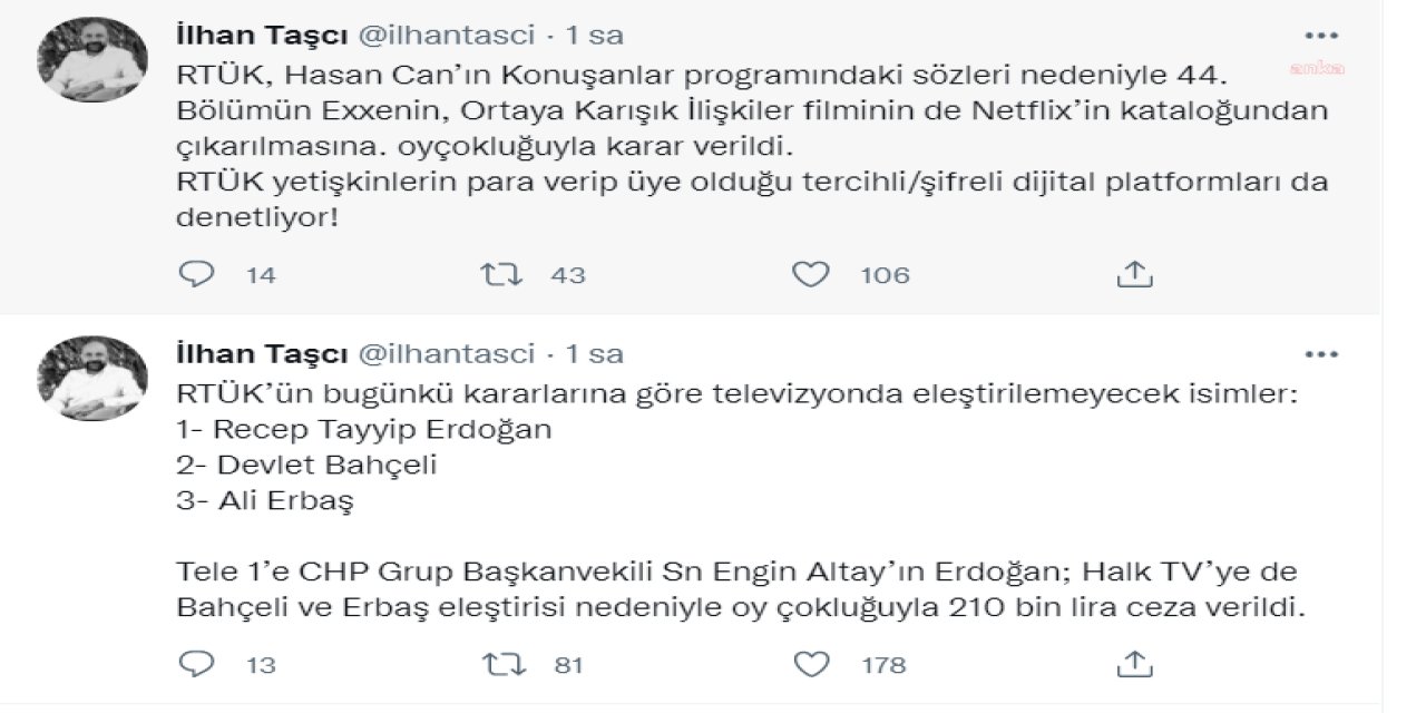 RTÜK ÜYESİ TAŞÇI: “TELEVİZYONDA ELEŞTİRİLEMEYECEK İSİMLER: 1- RECEP TAYYİP ERDOĞAN 2- DEVLET BAHÇELİ 3- ALİ ERBAŞ”