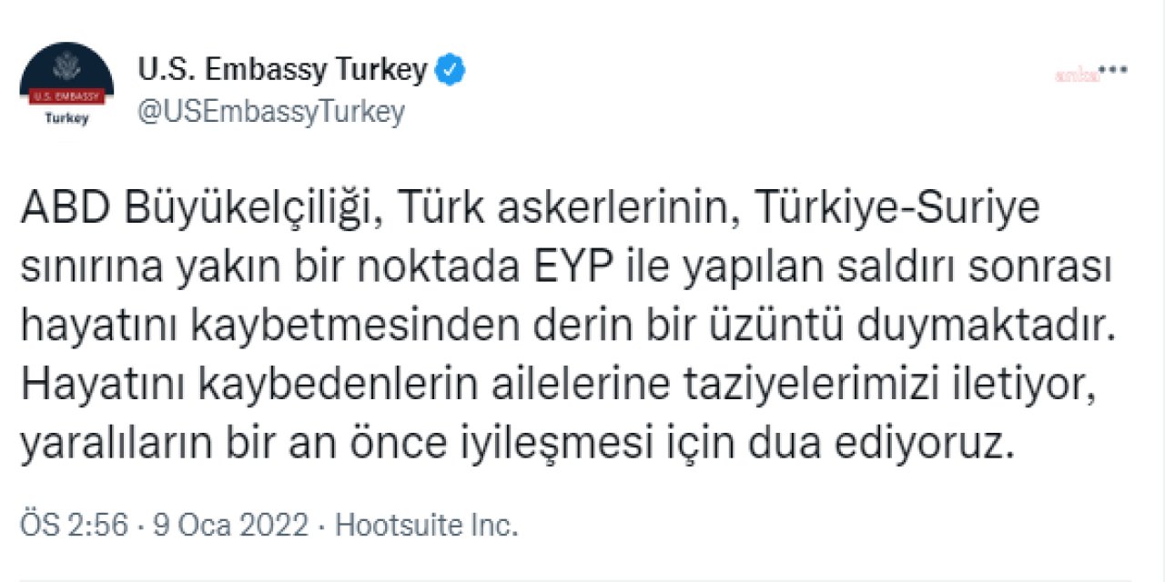 ABD BÜYÜKELÇİLİĞİ'NDEN TAZİYE MESAJI
