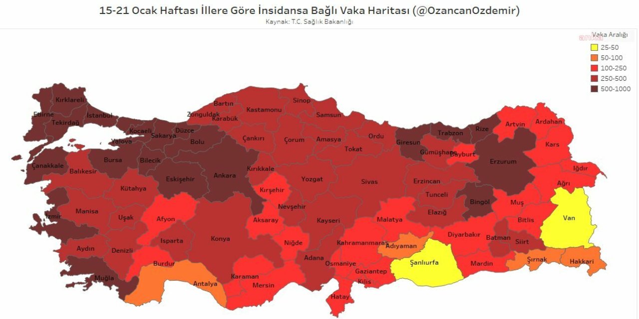TÜRKİYE HARİTASI KIPKIRMIZI: 21 İLDE GÜNLÜK VAKA SAYISI 500'Ü GEÇTİ