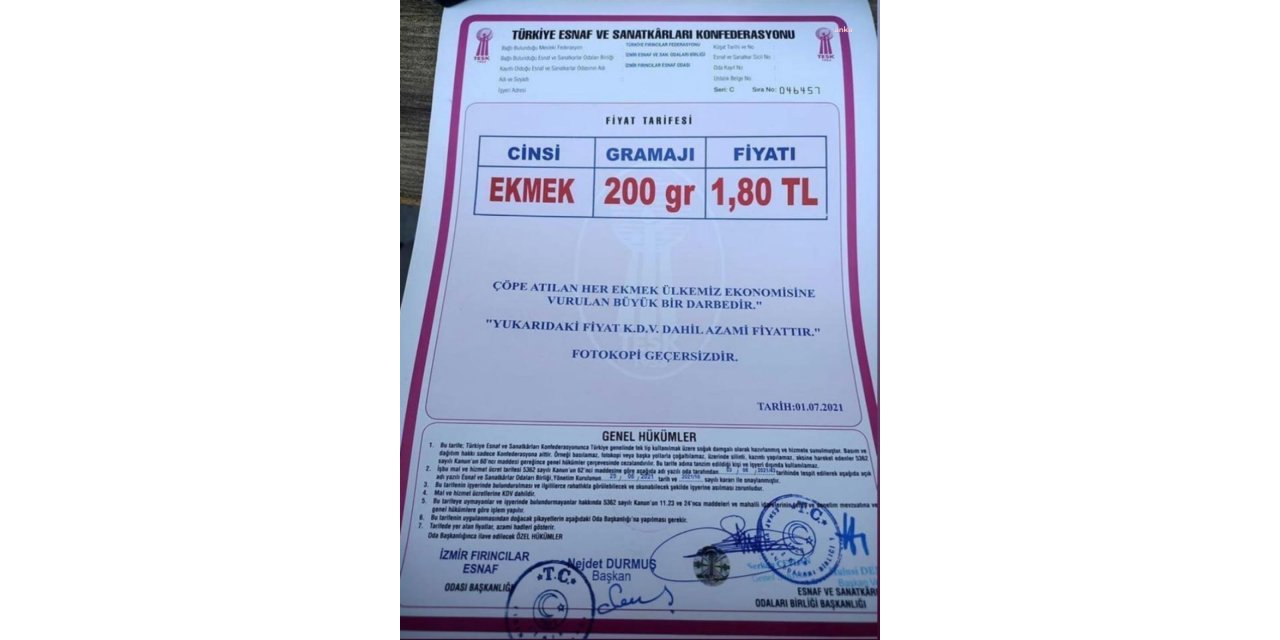 İZMİR'DE EKMEĞE YÜZDE 20 ZAM