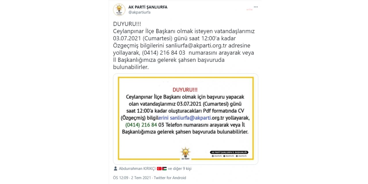 AKP, CEYLANPINAR İÇİN İLANLA İLÇE BAŞKANI ARIYOR