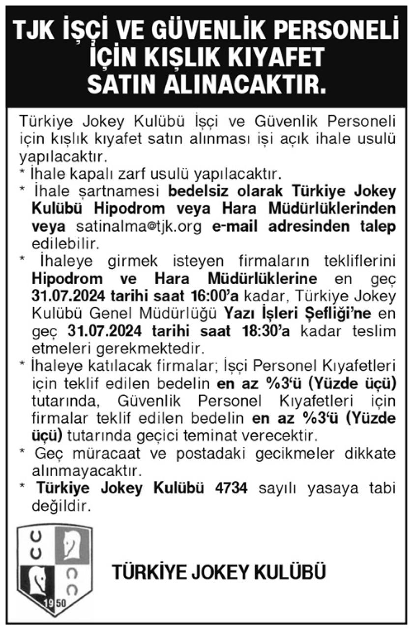 TJK İşçi ve Güvenlik Personeli için kışlık kıyafet satın alınacaktır