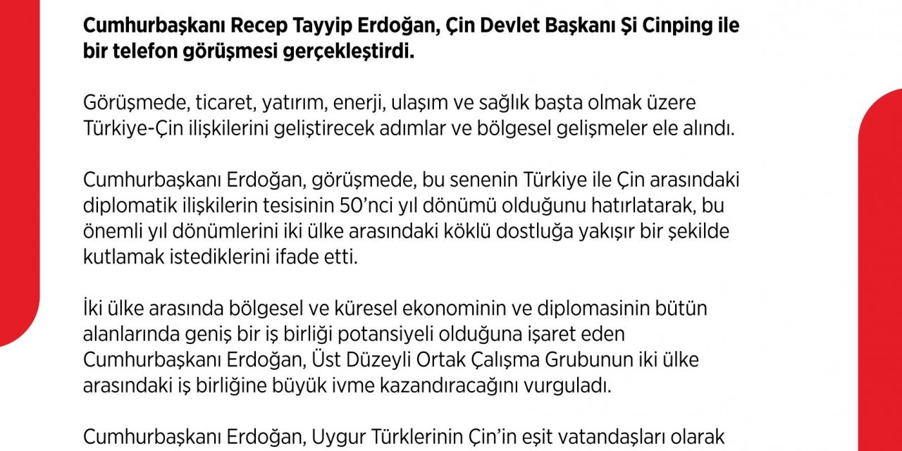 ERDOĞAN, ÇİN DEVLET BAŞKANI JİNPİNG İLE TELEFONDA GÖRÜŞTÜ