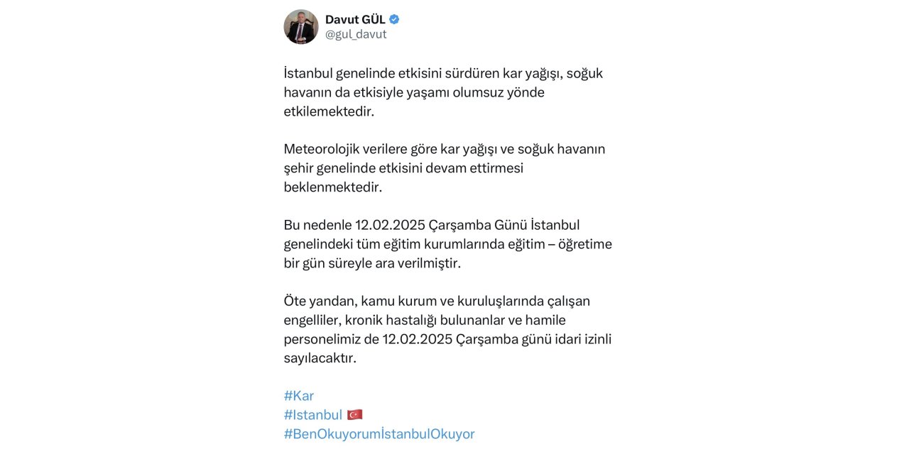 VALİ GÜL AÇIKLADI: İSTANBUL’DA YARIN OKULLAR TATİL