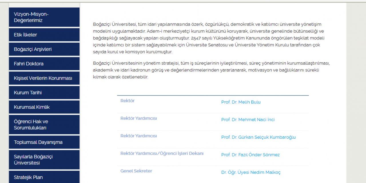 BOĞAZİÇİÜNİVERSİTESİ, İNTERNET SİTESİNİ GÜNCELLEDİ, "MELİH BULU"NUN ADI KALDIRILDI