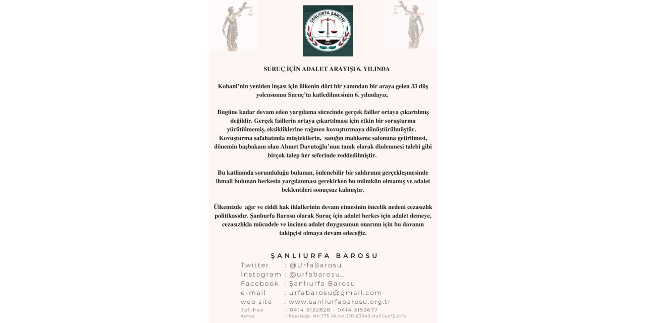 ŞANLIURFA BAROSU: "SURUÇ KATLİAMINDA ADALET BEKLENTİSİ SONUÇSUZ KALDI"