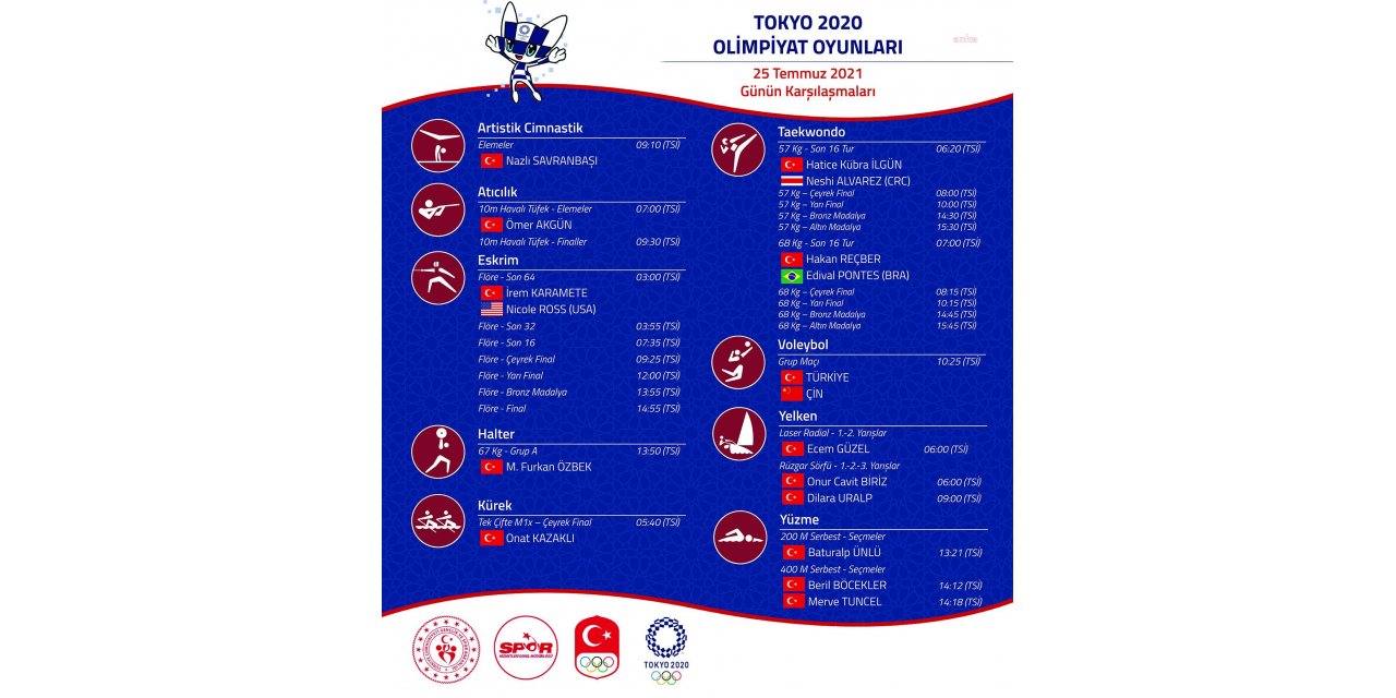 TOKYO OLİMPİYATLARI'NDA MİLLİ SPORCULAR YARIN 9 SPOR DALINDA MÜCADELE EDECEK