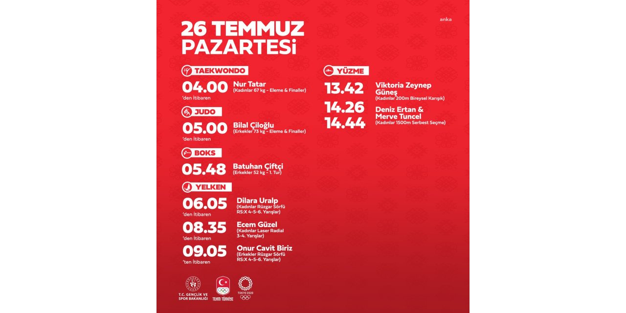 TOKYO OLİMPİYATLARI'NDA YARIN TÜRKİYE'Yİ TEMSİLEN 5 BRANŞTAN 9 SPORCU YARIŞACAK