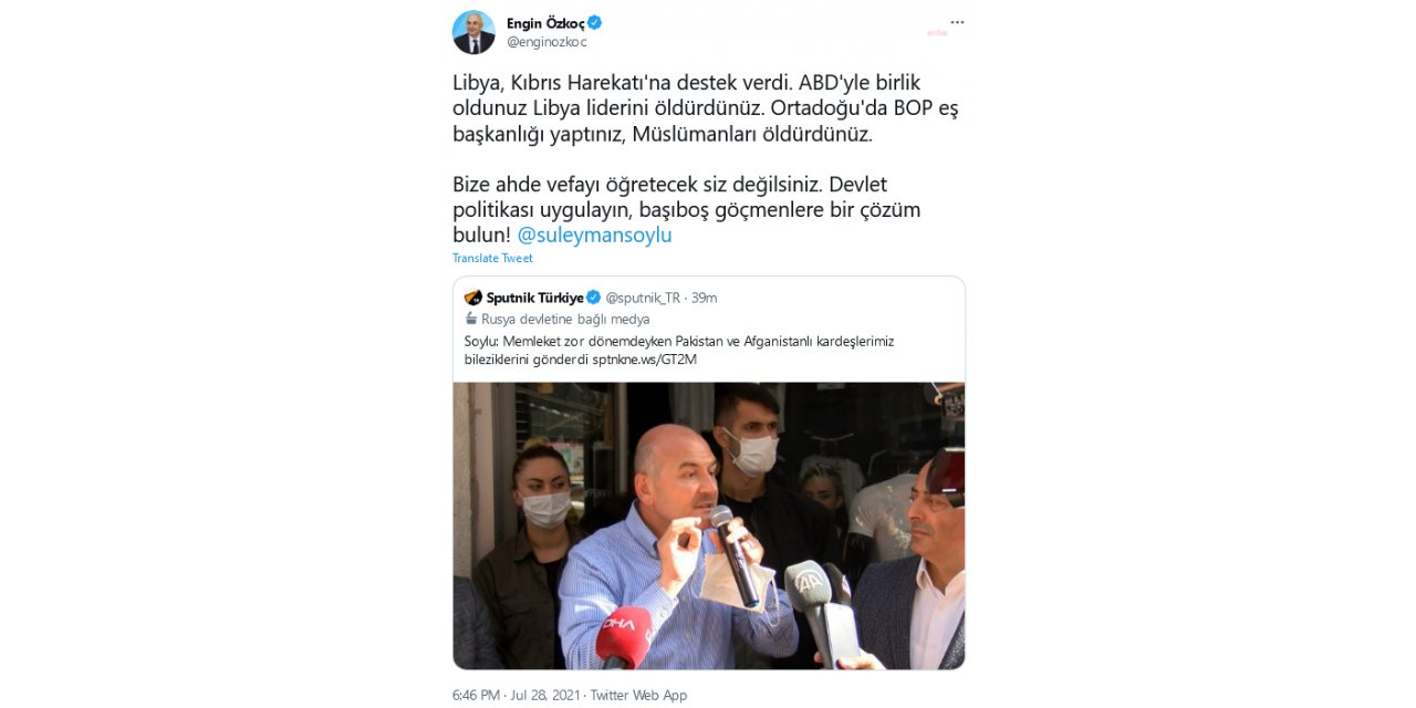 ENGİN ÖZKOÇ'TAN BAKAN SOYLU'YA YANIT: BİZE AHDE VEFAYI ÖĞRETECEK SİZ DEĞİLSİNİZ