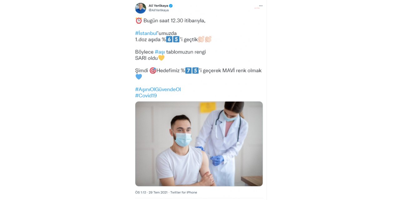 VALİ YERLİKAYA: İSTANBUL'DA 1. DOZ AŞIDA YÜZDE 65’İ GEÇTİK