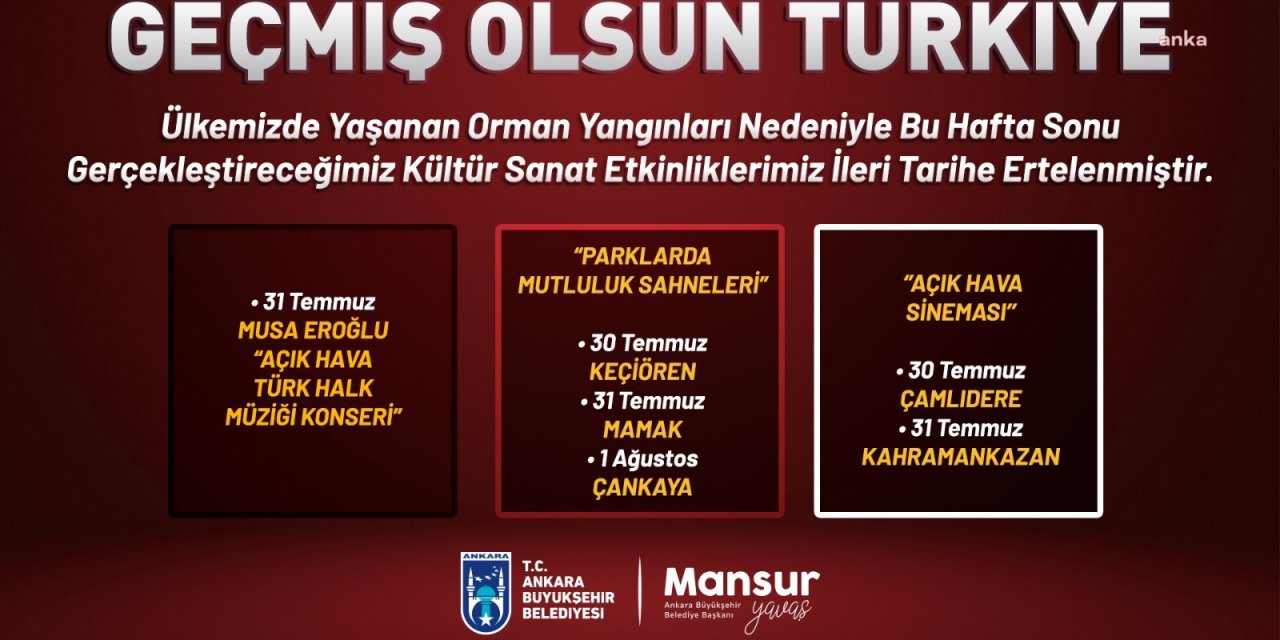 ANKARA BÜYÜKŞEHİR BELEDİYESİ, KÜLTÜR SANAT ETKİNLİKLERİNİ YANGINLAR NEDENİYLE ERTELEDİ