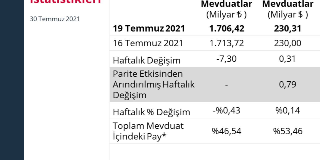 BANKALARDAKİ DÖVİZ MEVDUATI 315 MİLYON DOLAR ARTTI