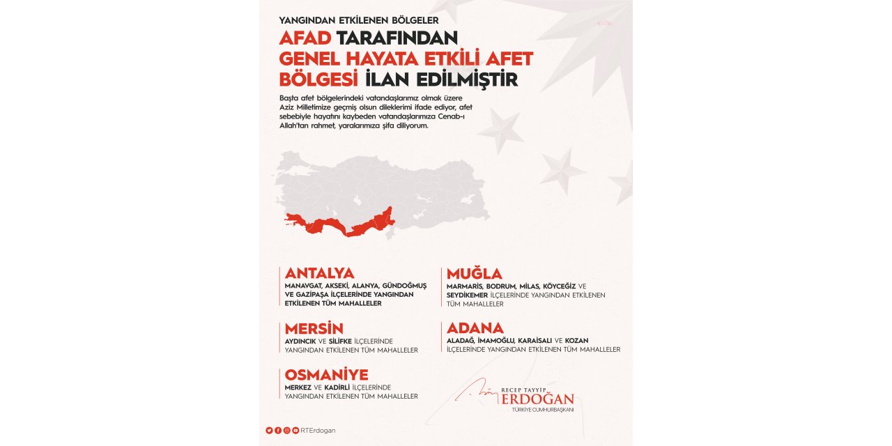 ERDOĞAN AÇIKLADI: "ANTALYA, MUĞLA, MERSİN, ADANA, OSMANİYE AFET BÖLGESİİLAN EDİLDİ"