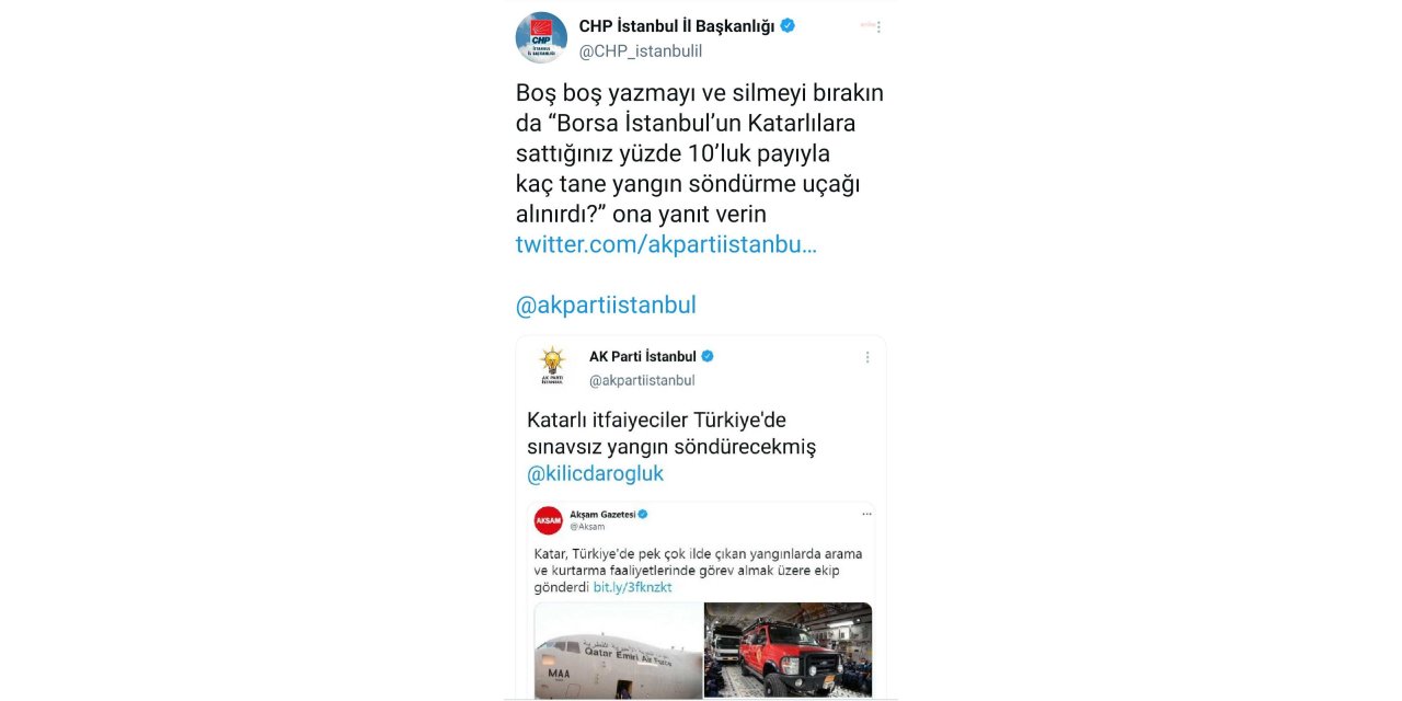 CHP'DEN AKP'YE: “BORSA İSTANBUL’UN KATARLILARA SATTIĞINIZ PAYIYLA KAÇ TANE YANGIN SÖNDÜRME UÇAĞI ALINIRDI, ONA YANIT VERİN"
