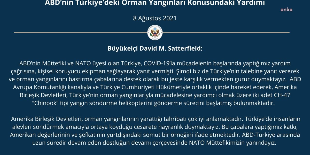 ABD, ORMAN YANGINLARI İÇİN TÜRKİYE'YE HELİKOPTER DESTEĞİ VERECEĞİNİ DUYURDU