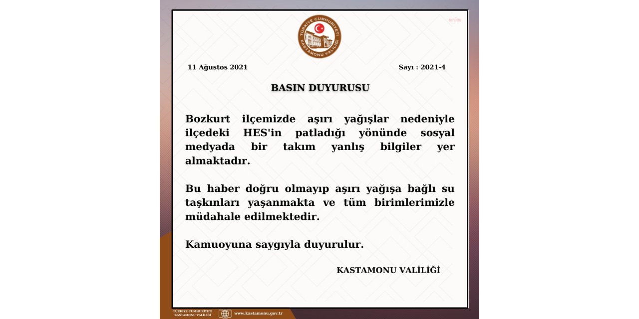 KASTAMONU VALİLİĞİ'NDEN HES AÇIKLAMASI: "BU HABER DOĞRU OLMAYIP, AŞIRI YAĞIŞA BAĞLI SU TAŞKINLARI YAŞANMAKTADIR"