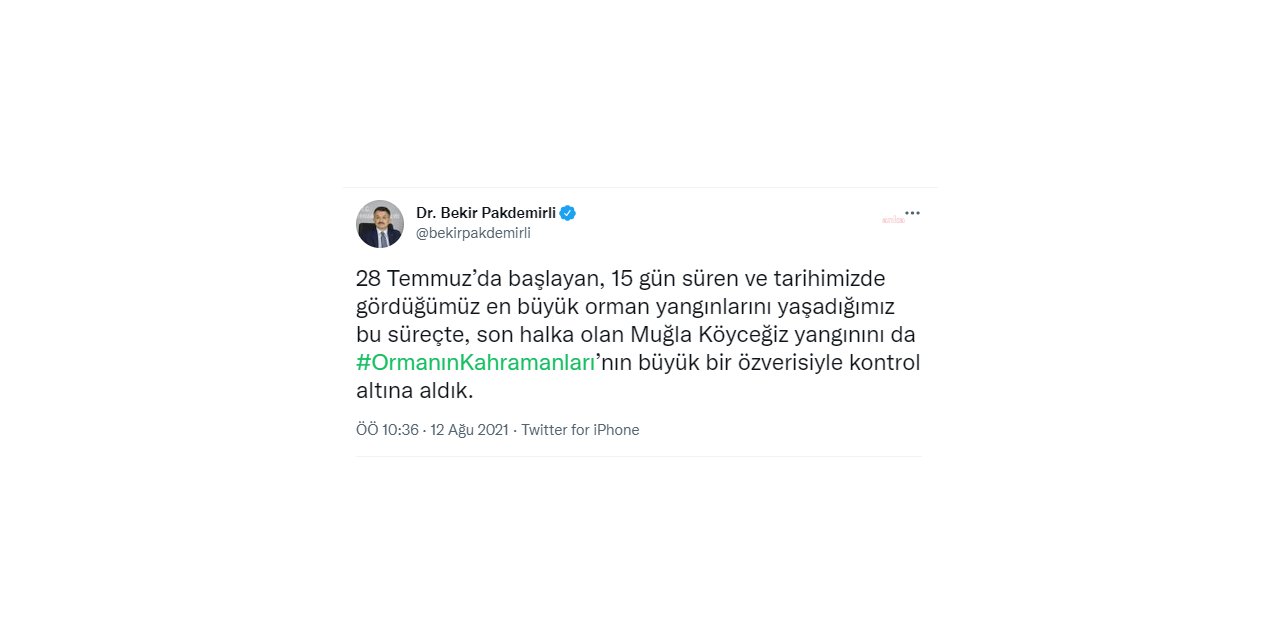 BAKAN PAKDEMİRLİ: "ORMAN YANGINLARININ HEPSİ KONTROL ALTINA ALINARAK, SÖNDÜRÜLDÜ"
