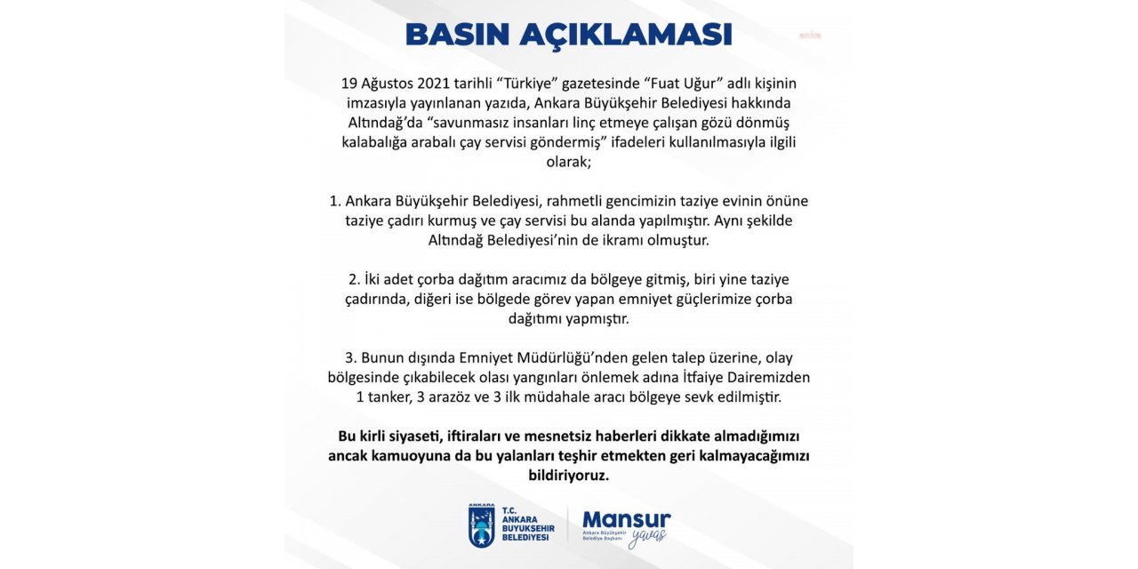 ABB'DEN "ALTINDAĞ'DA ARABALI ÇAY SERVİSİ" YAZISINA YANIT: "RAHMETLİ GENCİMİZİN EVİNİN ÖNÜNE TAZİYE ÇADIRI KURULMUŞTUR"