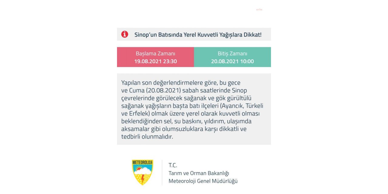 METEOROLOJİ, SİNOP'UN BATISI İÇİN KUVVETLİ YAĞIŞ UYARISI YAPTI