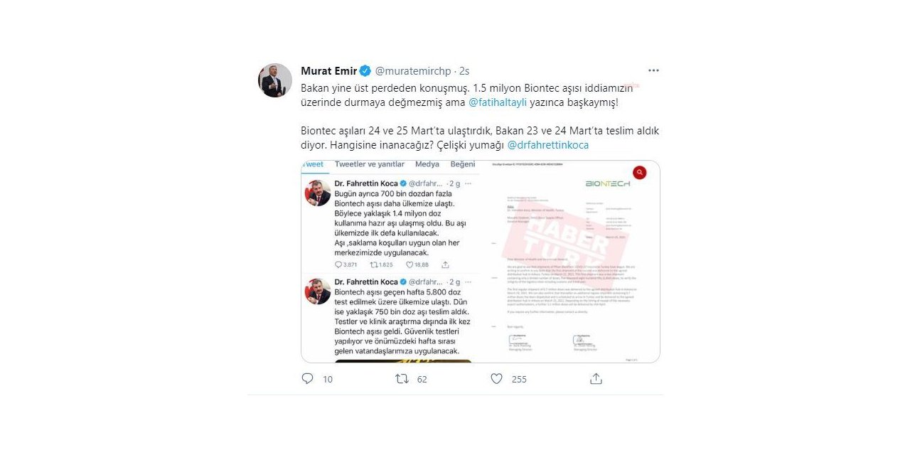 CHP’Lİ EMİR’DEN BAKAN KOCA’YA AŞI TEPKİSİ: HANGİSİNE İNANACAĞIZ?
