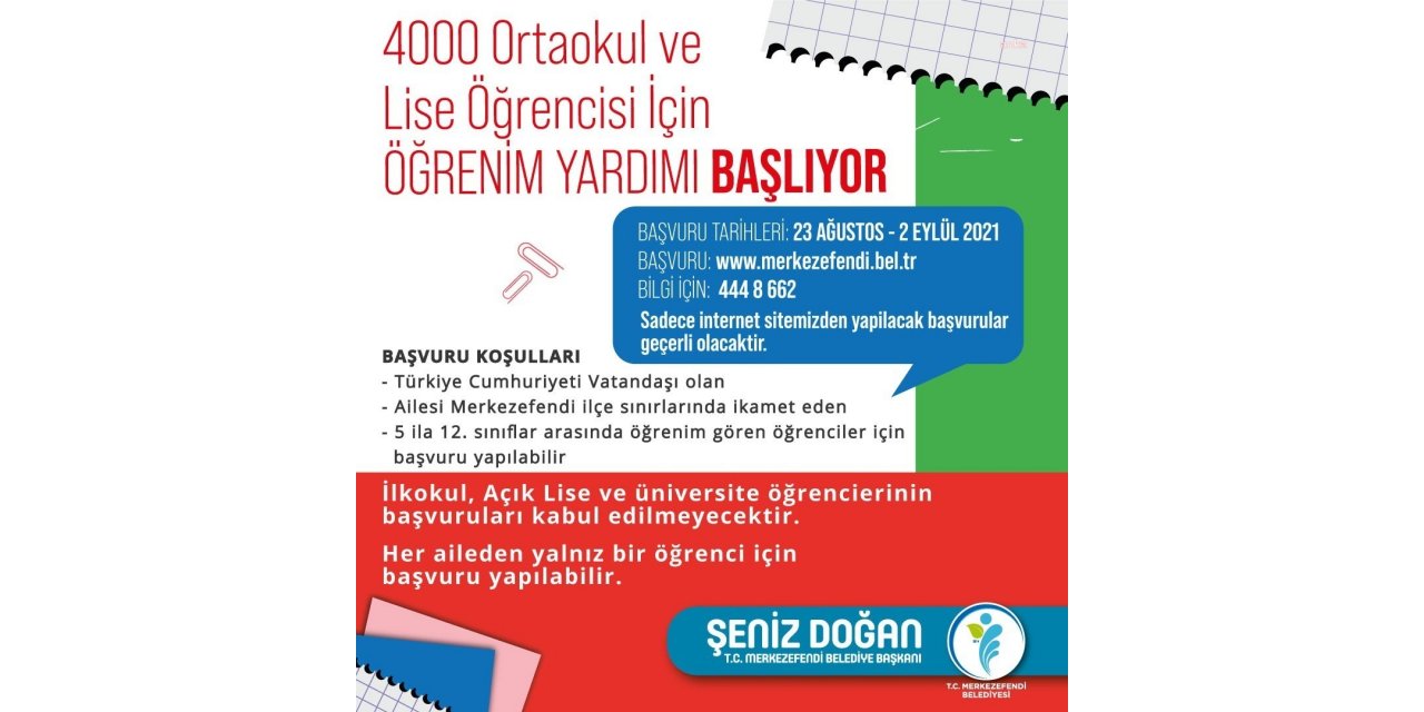 MERKEZEFENDİ BELEDİYESİ’NİN ÖĞRENİM YARDIMI İÇİN BAŞVURULAR BAŞLADI