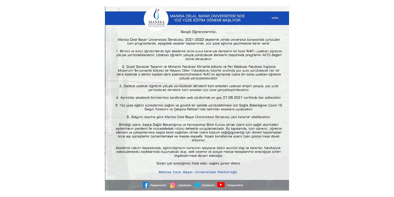 MANİSA CELAL BAYAR ÜNİVERSİTESİ YÜZ YÜZE EĞİTİM KARARI ALDI