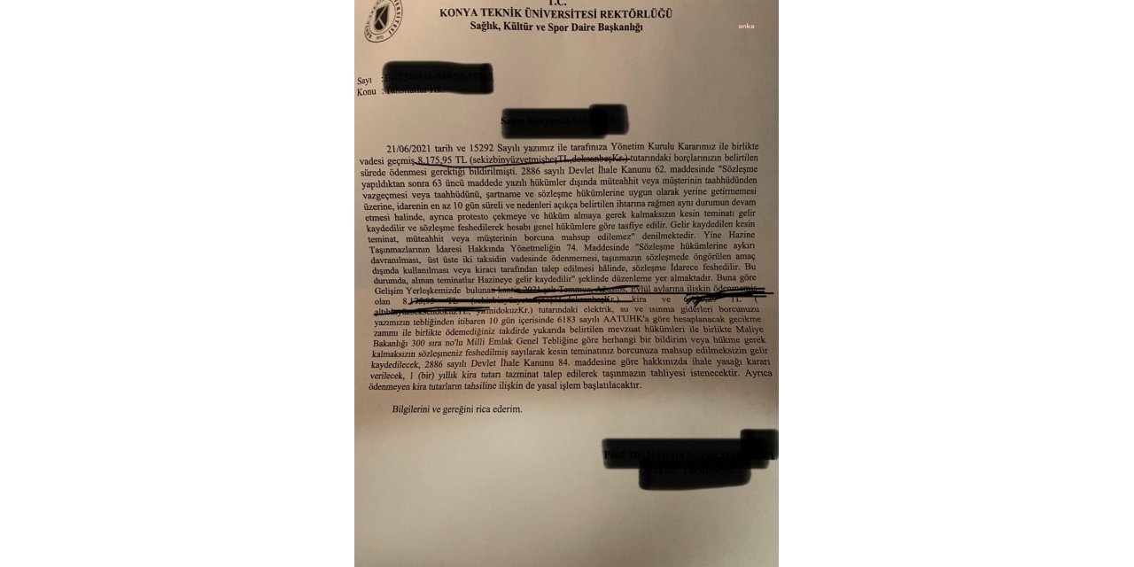 KONYA TEKNİK ÜNİVERSİTESİ KİRASINI ÖDEYEMEYEN ESNAFI İCRAYA VERECEK