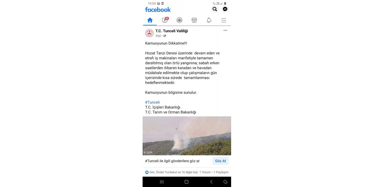 TUNCELİ VALİLİĞİ HOZAT'TAKİ YANGINA HAVADAN MÜDAHALENİN BAŞLADIĞINI AÇIKLADI