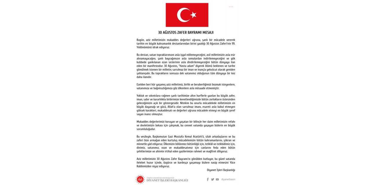 DİYANET'TEN 'ATATÜRK’LÜ 30 AĞUSTOS MESAJI