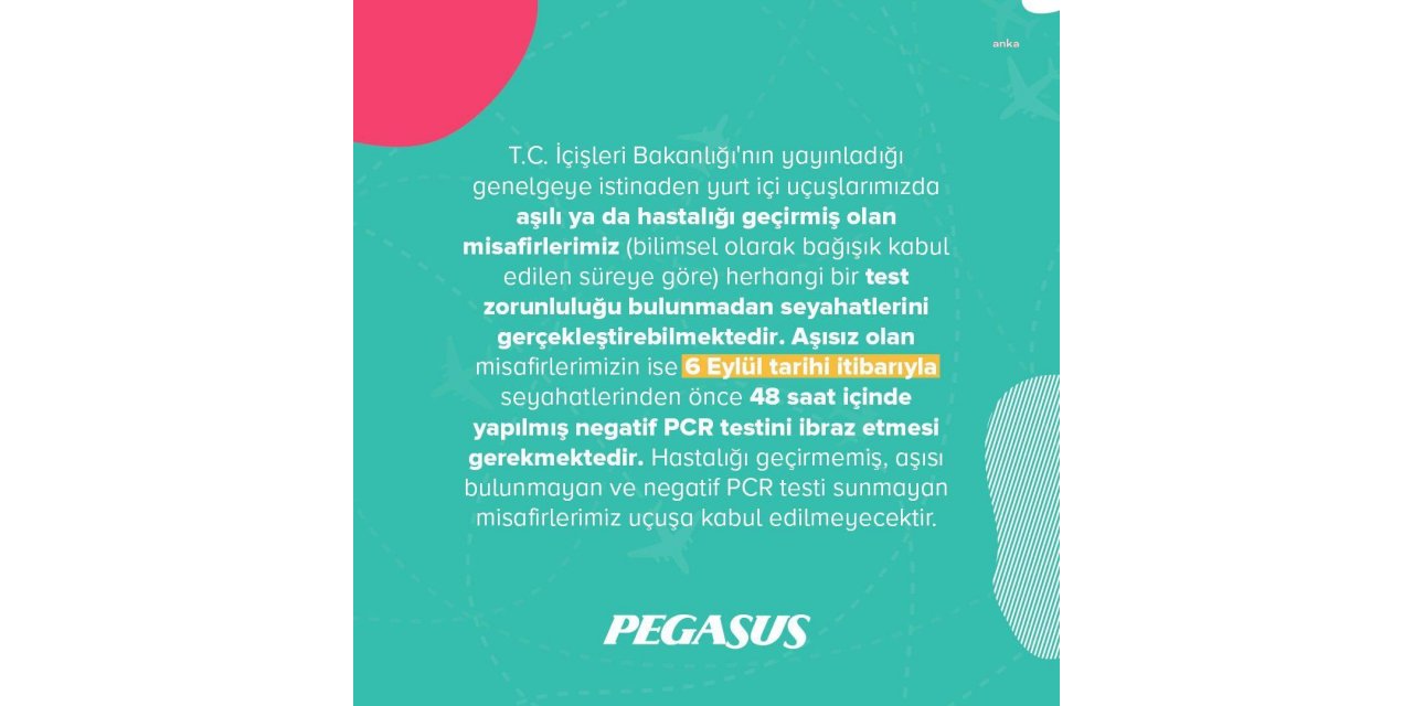 PEGASUS, YURT İÇİ UÇUŞLARDA PCR TESTİİSTEYECEK