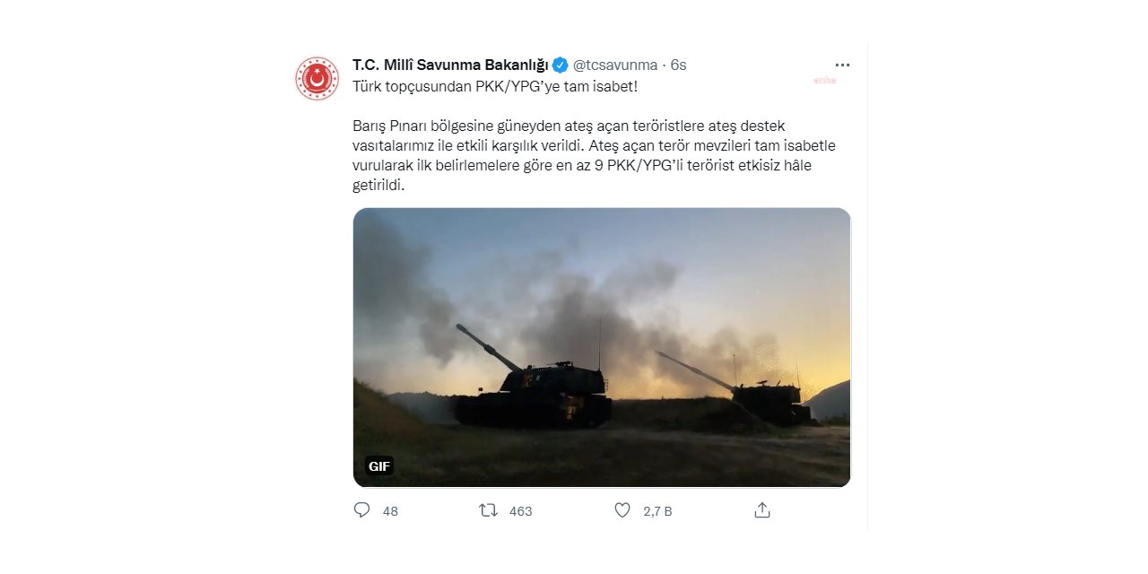MSB: BARIŞ PINARI BÖLGESİNDE EN AZ 9 PKK/YPG’Lİ TERÖRİST ETKİSİZ HÂLE GETİRİLDİ