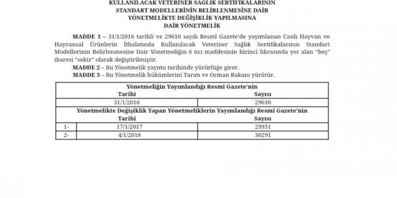 CANLI HAYVAN İTHALATINDA VETERİNER SAĞLIK SERTİFİKASI KULLANIMINA İLİŞKİN YÖNETMELİĞİN YÜRÜRLÜK TARİHİ ERTELENDİ