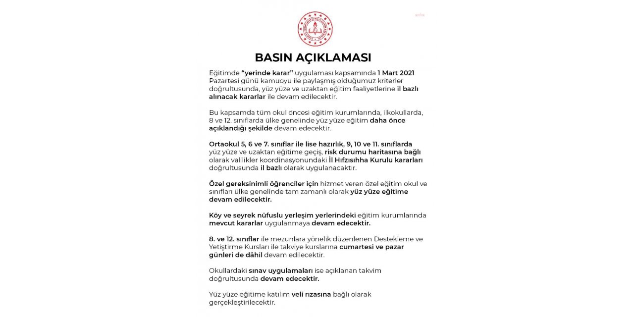 MEB'DEN YENİ DÖNEM AÇIKLAMASI: "UYGULAMA DAHA ÖNCE AÇIKLANAN KRİTERLERDE DEVAM EDECEK"