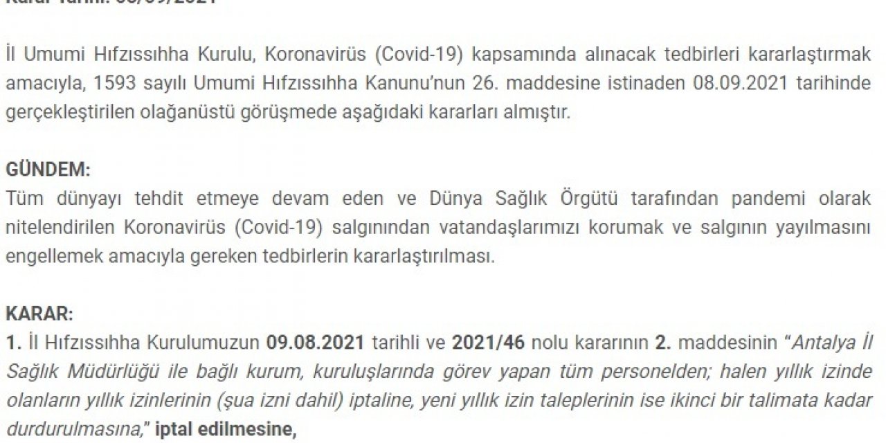ANTALYA VALİLİĞİ: SAĞLIK ÇALIŞANLARININ İZİNLERİİPTAL EDİLDİ