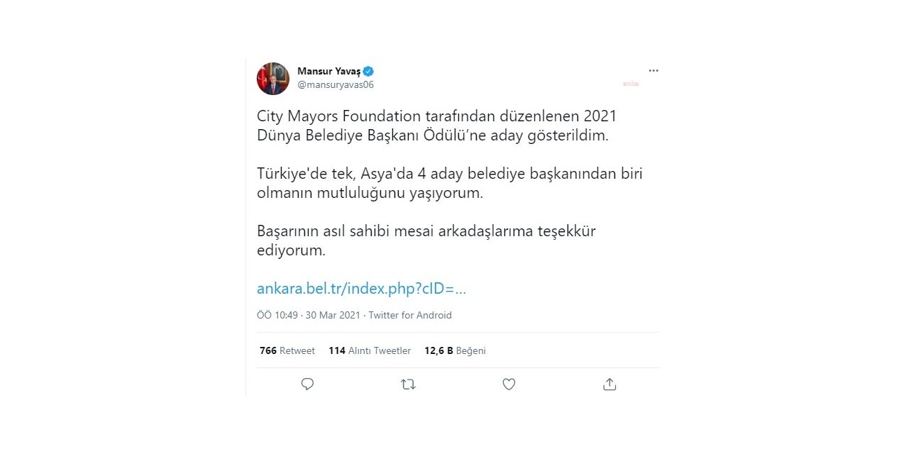 MANSUR YAVAŞ "2021 DÜNYA BELEDİYE BAŞKANI ÖDÜLÜ"NE ADAY GÖSTERİLDİ