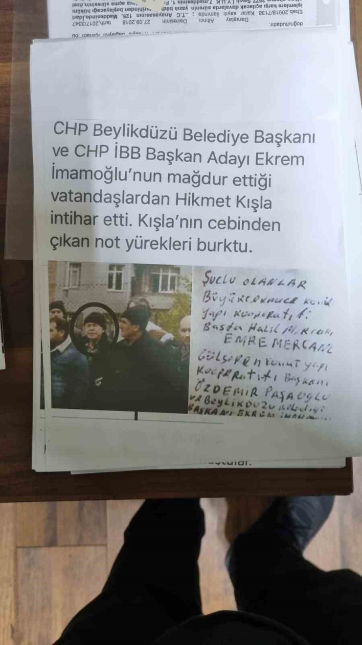 EKREM İMAMOĞLU’NUN TAPULARINI VERMEDİĞİ KOOPERATİFİN MAĞDURU İNTİHAR ETMİŞ